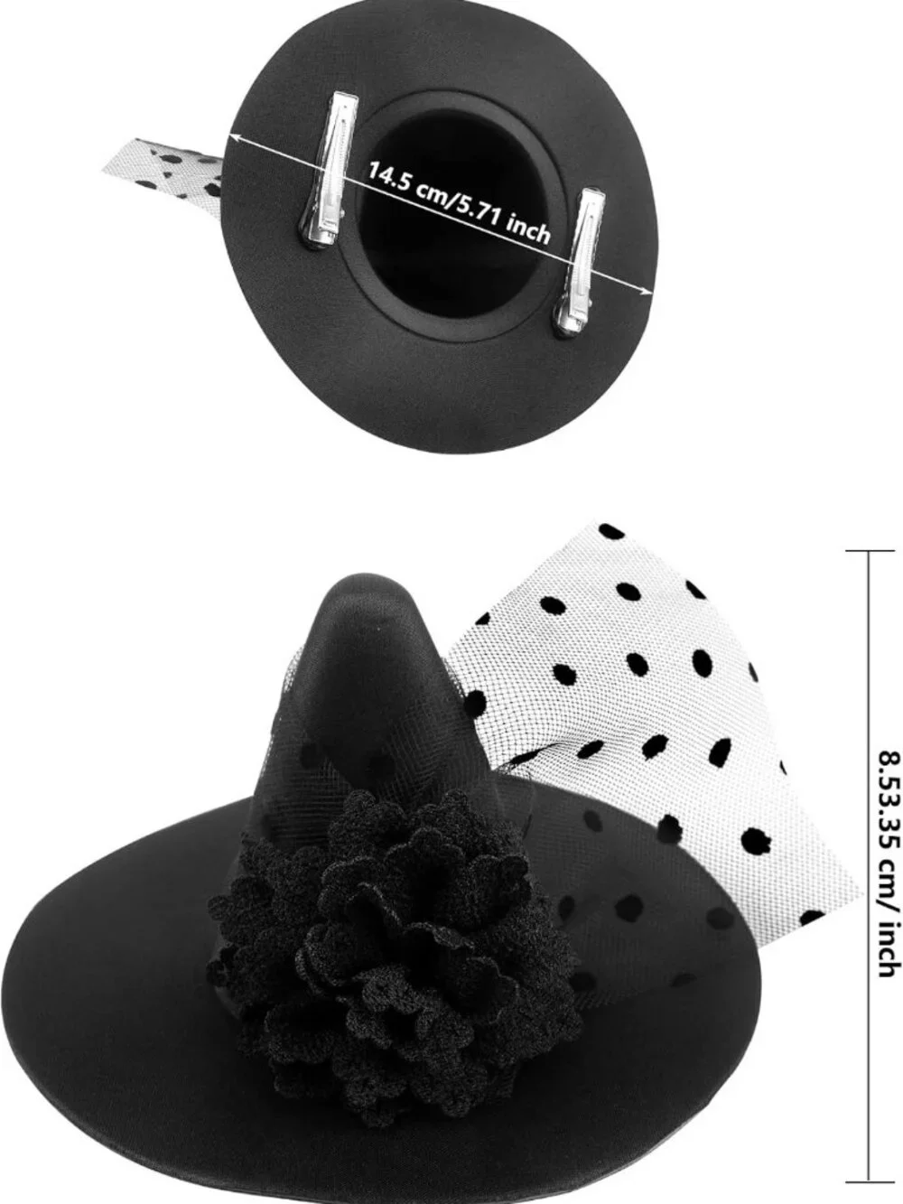 2 Pack Halloween Witch Hat Hair Clips with Black Flower Veil - Costume Accessory